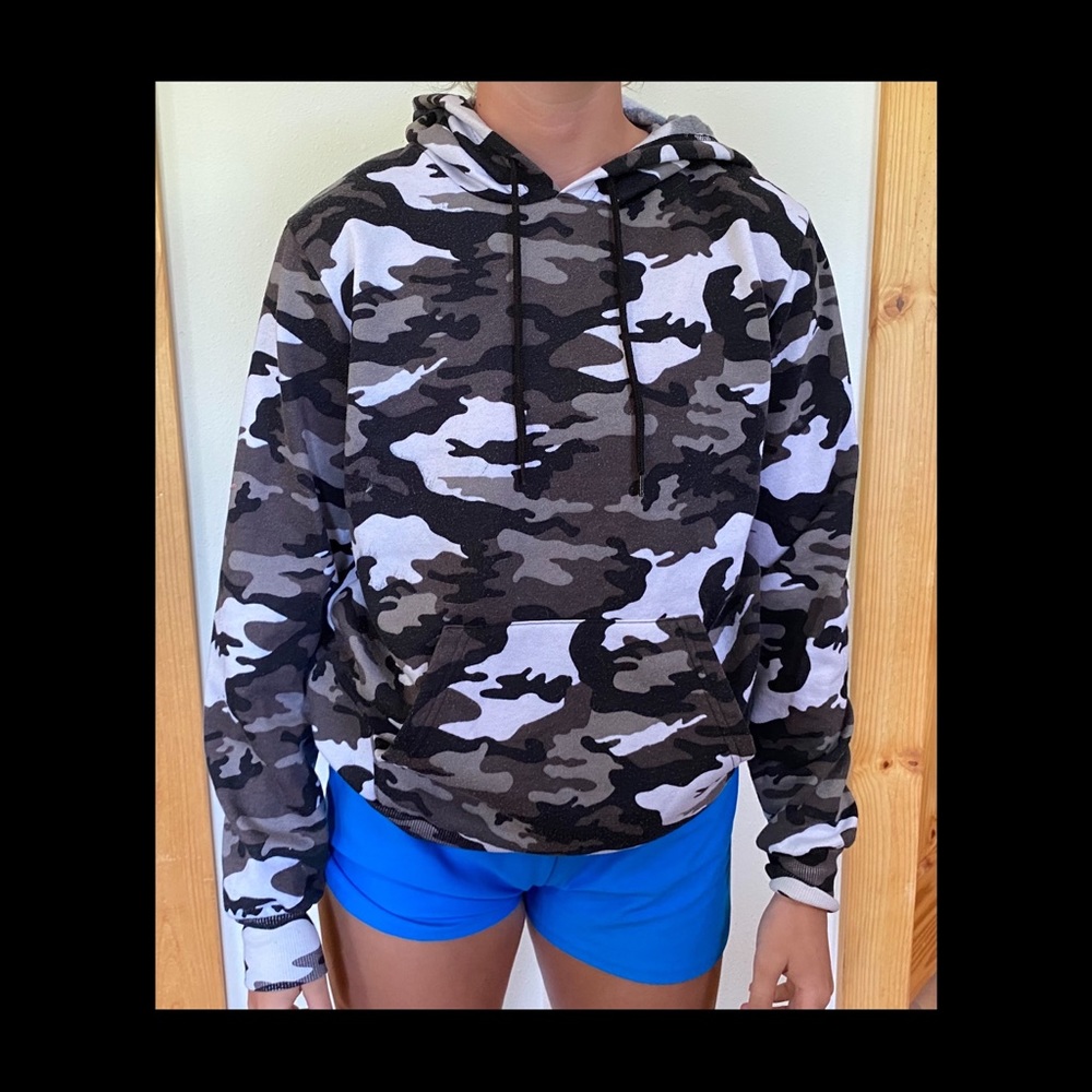Black, grey, and white camo hoodie